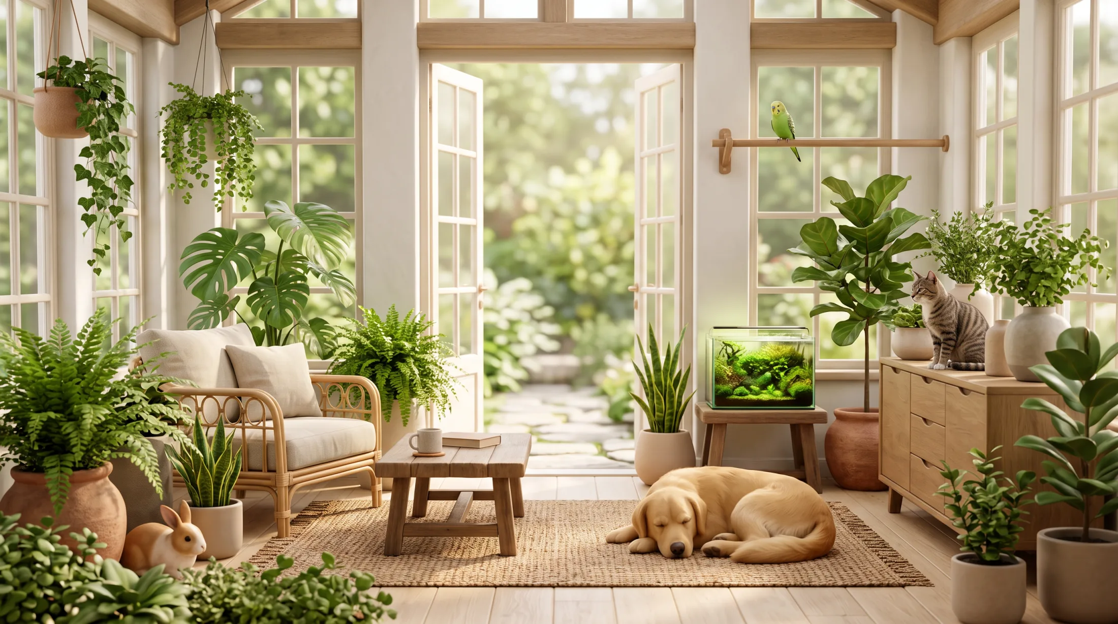 A bright garden room with a dog, a cat, a rabbit, a budgerigar and an aquarium, doors open onto the garden