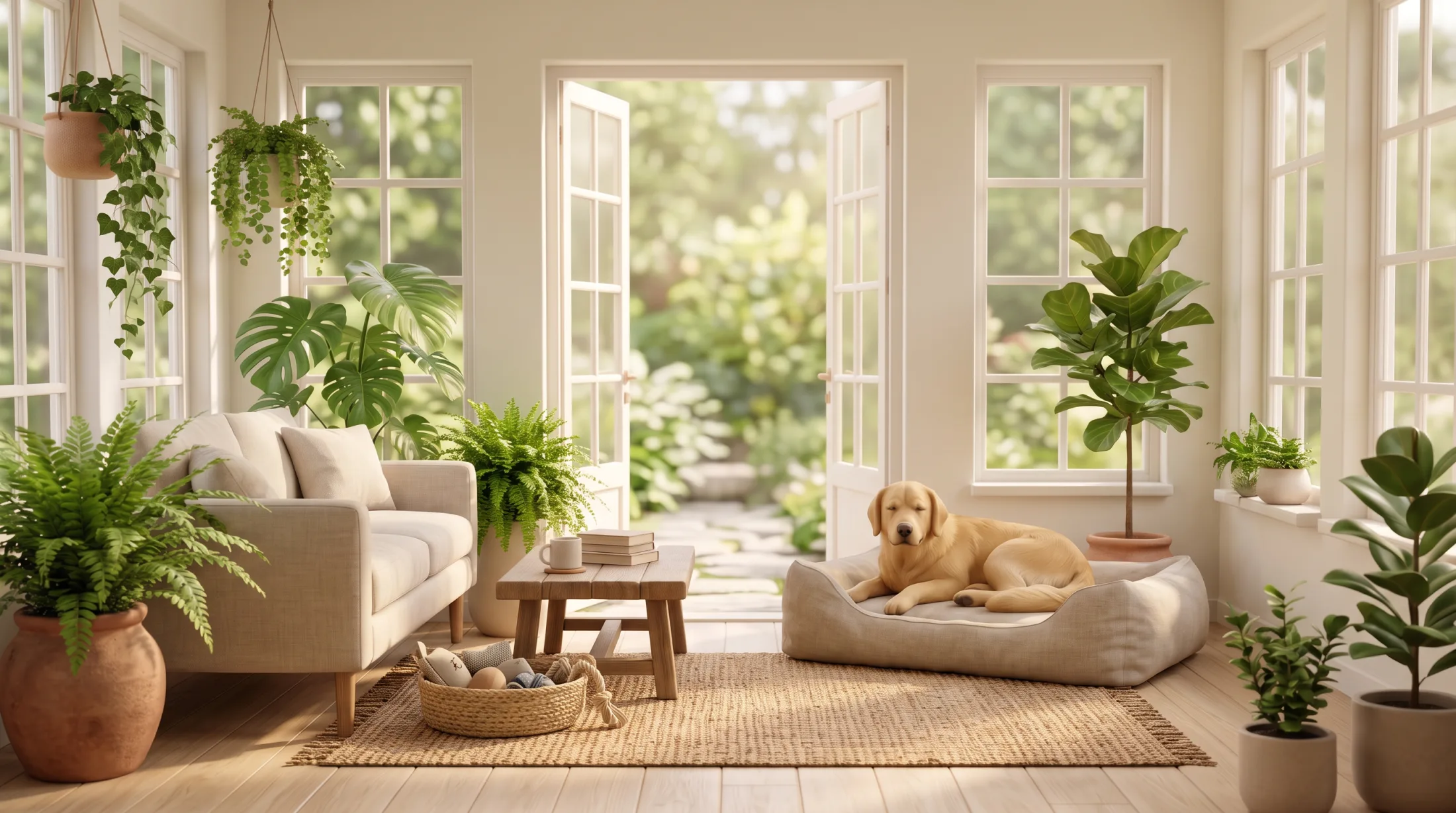 A golden retriever asleep on a cushioned bed beside a linen sofa, garden doors open behind